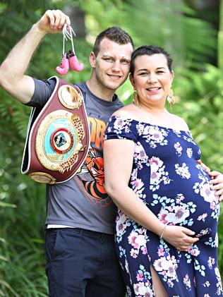 Boxer Jeff Horn is seen with his wife Joanna and child Isabelle during a  media opp at the Caxton Hotel in Brisbane, Wednesday, May 23, 2018. Jeff  Horn will face American Boxer