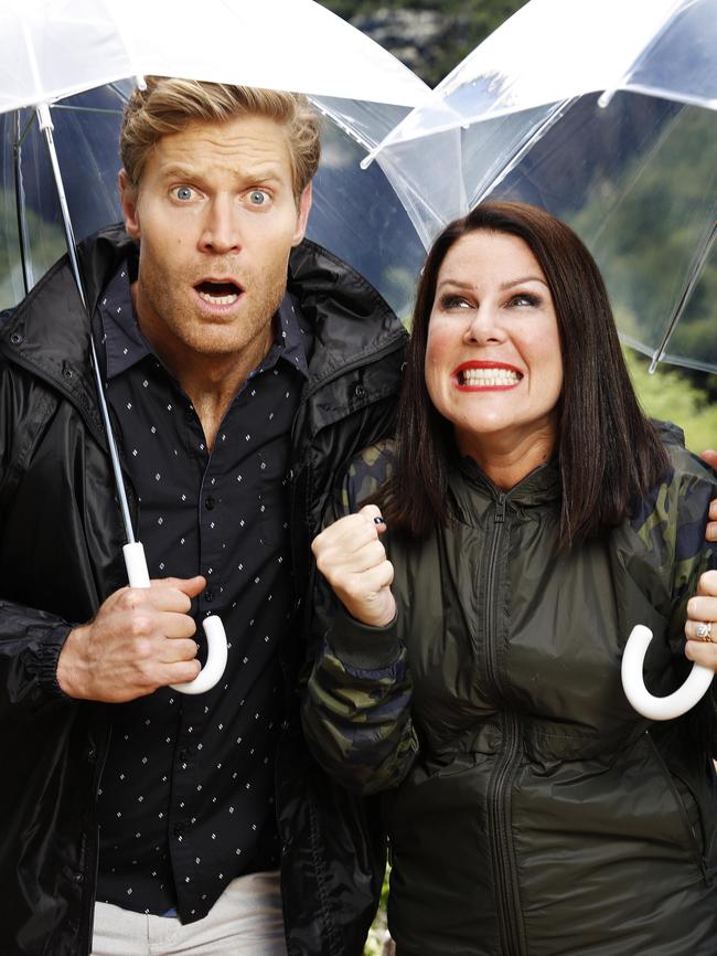 I'm A Celebrity ... Get Me Out Of Here hosts Dr Chris Brown and Julia Morris on set in South Africa. Picture: Supplied/Nigel Wright