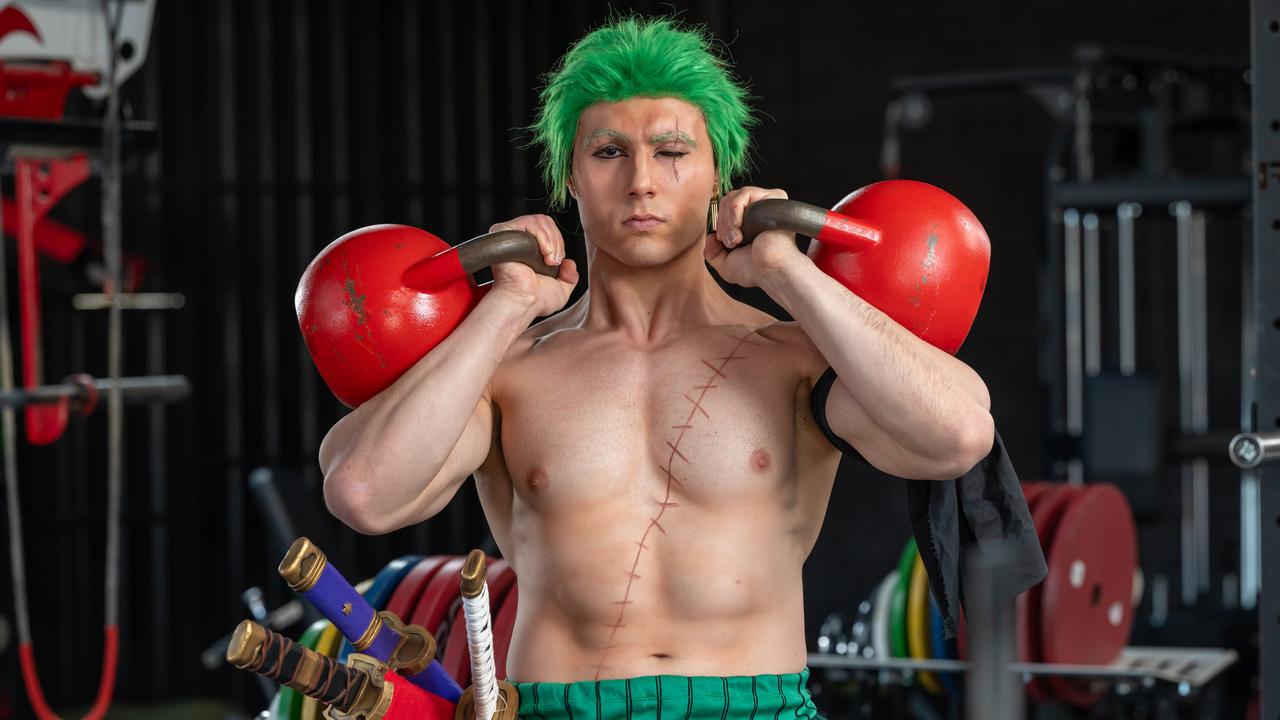 Tony Karoussis in the gym in cosplay. Picture: Naomi Jellicoe