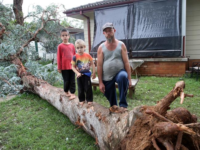 Phillip Coleman and his sons, 6-year-old Declan and 3-year-old Castile, with an uprooted tree on their property.