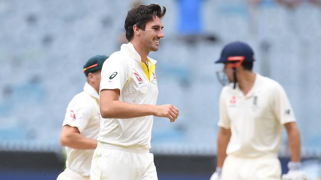 Pat Cummins reacts after dismissing James Anderson. Picture: AAP.