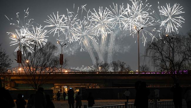 Fireworks during a rehearsal for the Beijing 2022 Winter Olympics Games opening ceremony. Picture: AFP