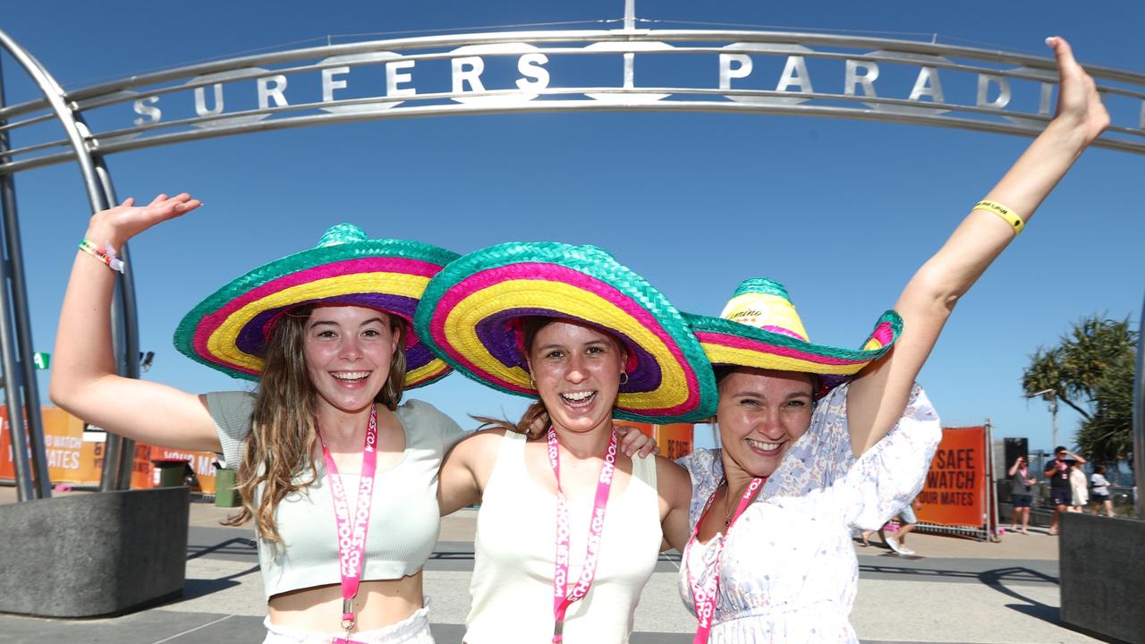 Sunshine Beach High school-leavers Ella Keenan, Santika Miller and Evie Legende at Surfers Paradise. Photograph: Jason O'Brien