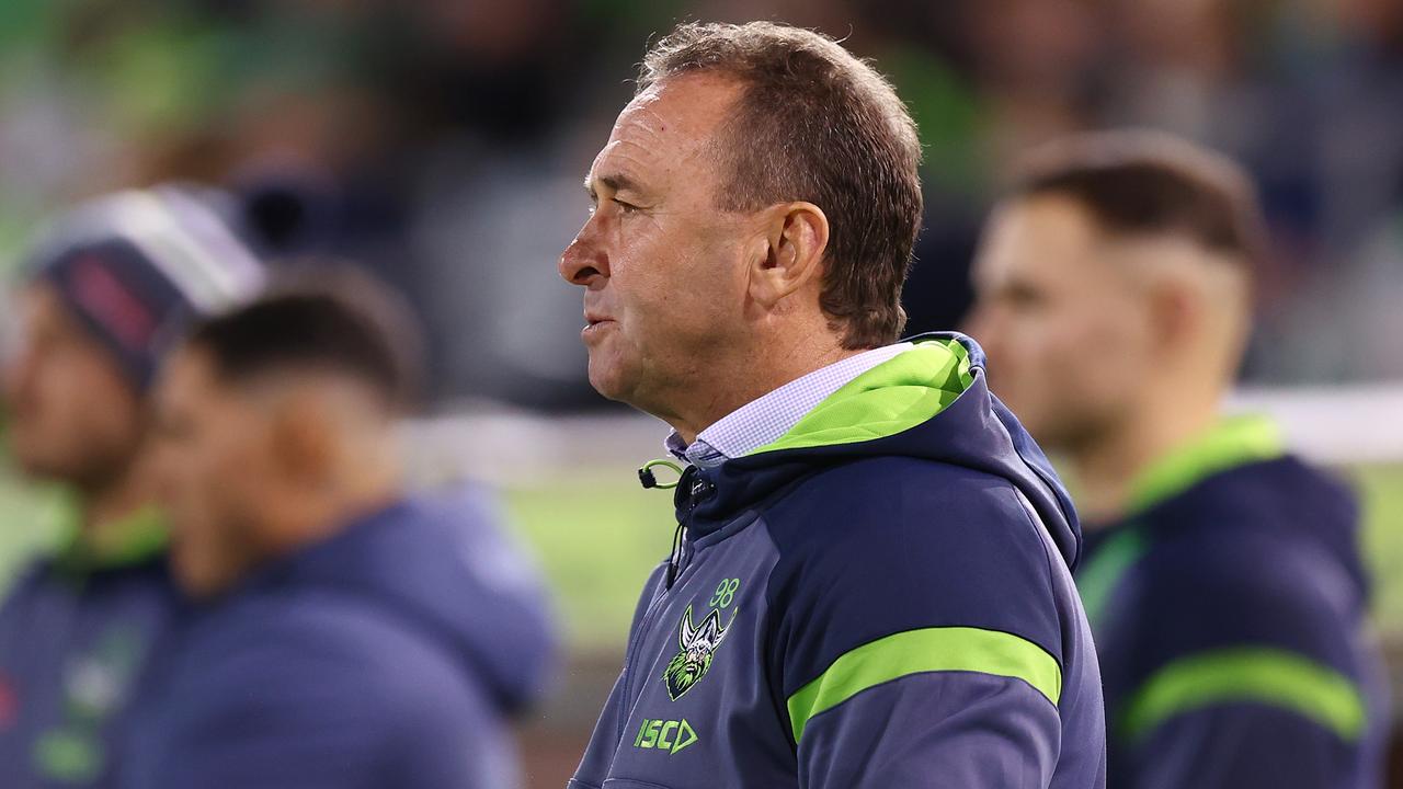 CANBERRA, AUSTRALIA - APRIL 14: Raiders coach Ricky Stuart watches on during the round six NRL match between the Canberra Raiders and the North Queensland Cowboys at GIO Stadium on April 14, 2022, in Canberra, Australia. (Photo by Mark Nolan/Getty Images)