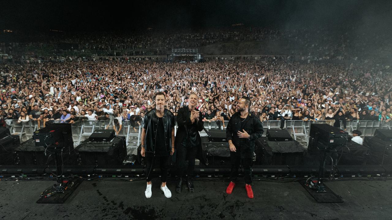 Rufus Du Sol in front of their enormous stadium crowd in Washington last month. Picture: Michael Drummond