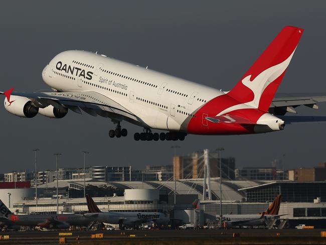 SYDNEY, AUSTRALIA - OCTOBER 31: A Qantas A380 takes-off at Sydney Airport priot to the 100 Year Gala Event on October 31, 2019 in Sydney, Australia. (Photo by Brendon Thorne/Getty Images)