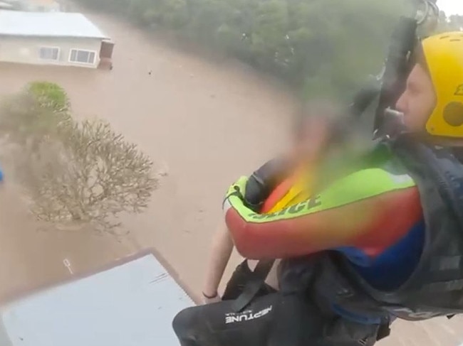 Pol Air vision of a rescue in Taree today as flood waters rose across the mid-north coast region of NSW. Picture: Supplied.
