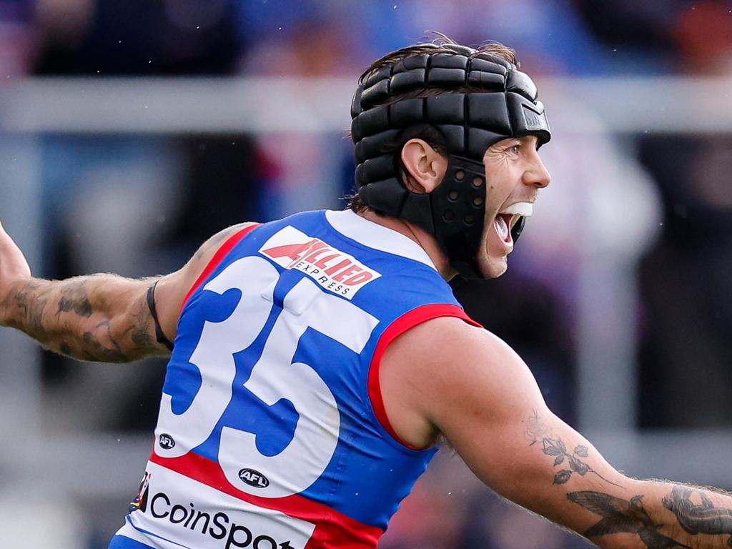 BALLARAT, AUSTRALIA – AUGUST 25: Caleb Daniel of the Bulldogs celebrates a goal during the 2024 AFL Round 24 match between the Western Bulldogs and the GWS GIANTS at Mars Stadium on August 25, 2024 in Ballarat, Australia. (Photo by Dylan Burns/AFL Photos via Getty Images)