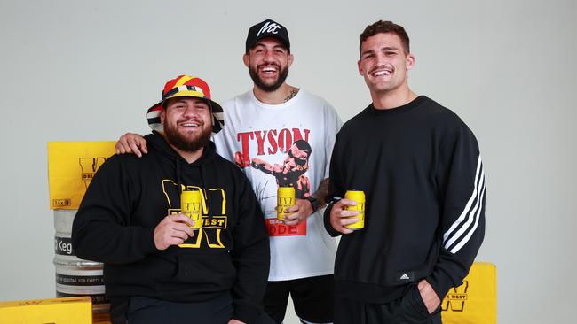 Part-owners of Drink West: UFC fighters Tai Tuivasa and Tyson Pedro, and Penrith Panthers star Nathan Cleary. Picture: Justin Lloyd.