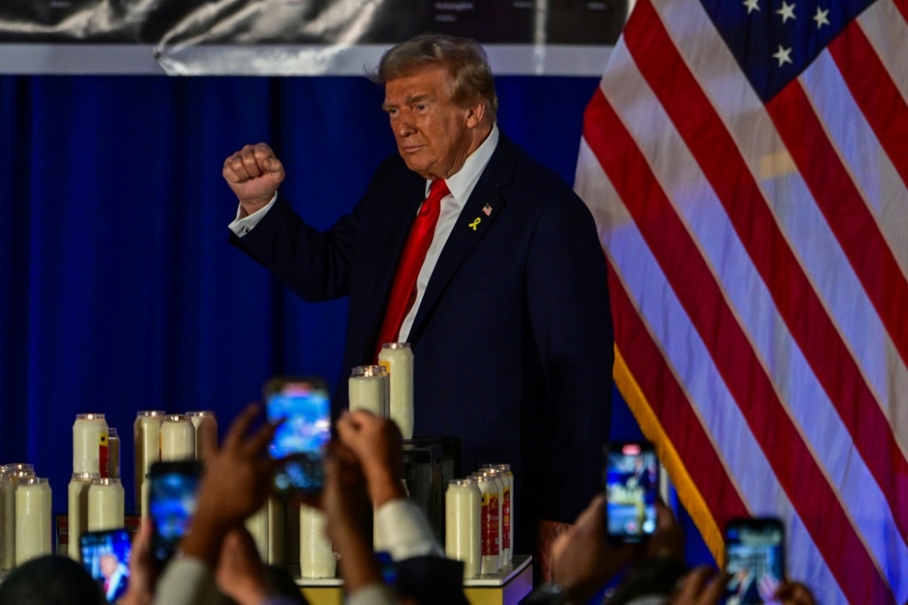 Donald Trump attends a remembrance event to mark the first anniversary of the Hamas attack on Israel at Trump National Doral golf club in Miami, Florida, on October 7, 2024