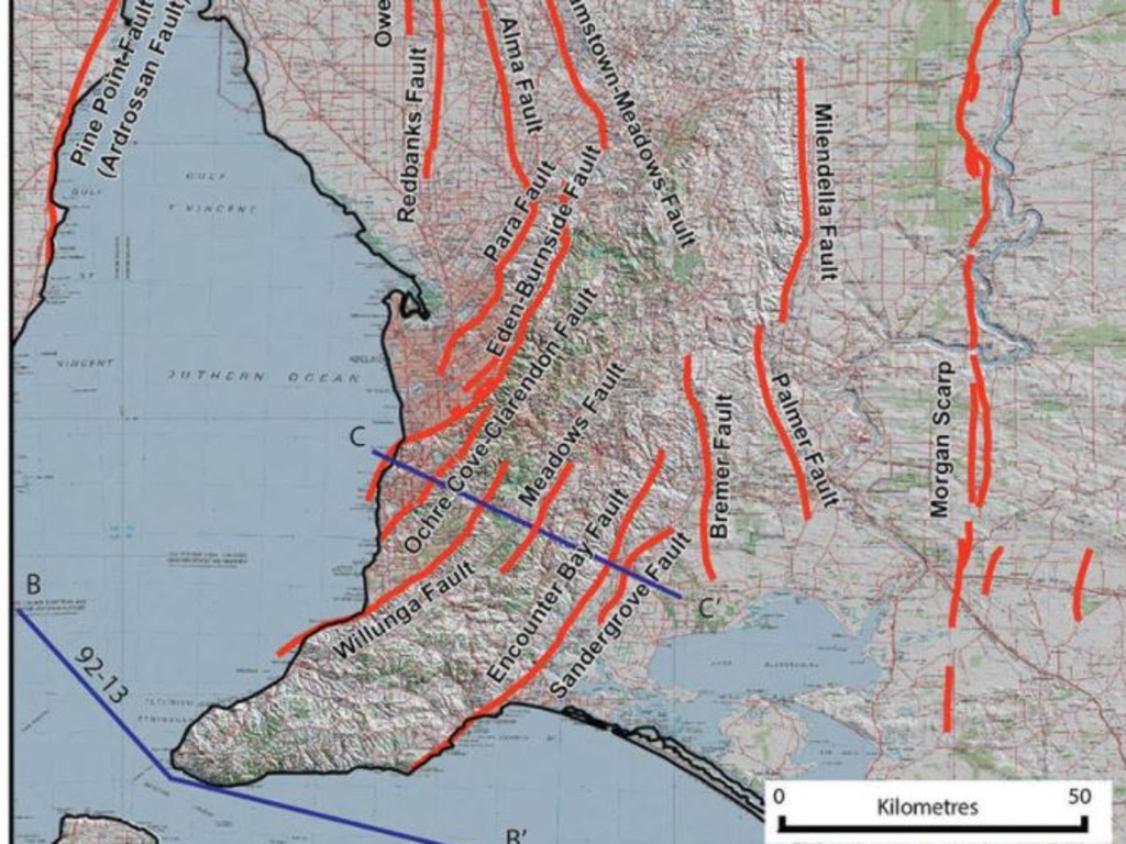 A map showing fault lines near Adelaide. Picture: Dan Clark, Mark Leonard: Geoscience Australia