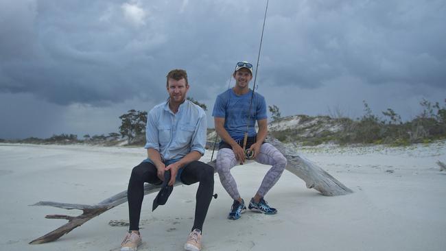 Hamish Simpson and Morgan Hartney at Port Bradshaw, Long Beach while filming their fishing show.