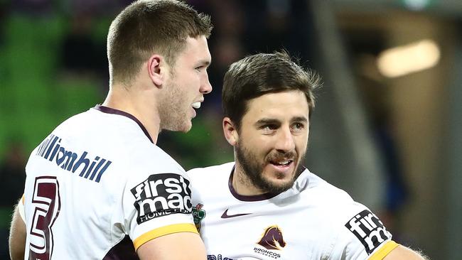 Tom Opacic celebrates a try for the Broncos in 2016.