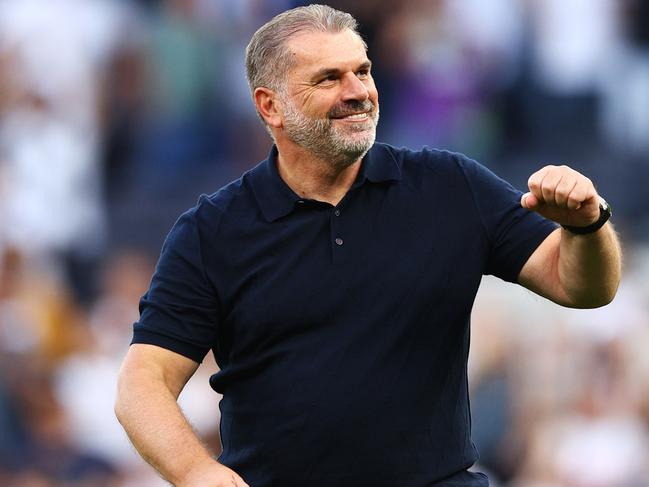 LONDON, ENGLAND - AUGUST 19: Ange Postecoglou, Manager of Tottenham Hotspur, celebrates following the team's victory during the Premier League match between Tottenham Hotspur and Manchester United at Tottenham Hotspur Stadium on August 19, 2023 in London, England. (Photo by Clive Rose/Getty Images)