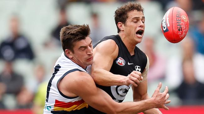 Ed Curnow of the Blues is tackled by Patrick Wilson of the Crows in the round 19 match at the MCG. Picture: Getty Images