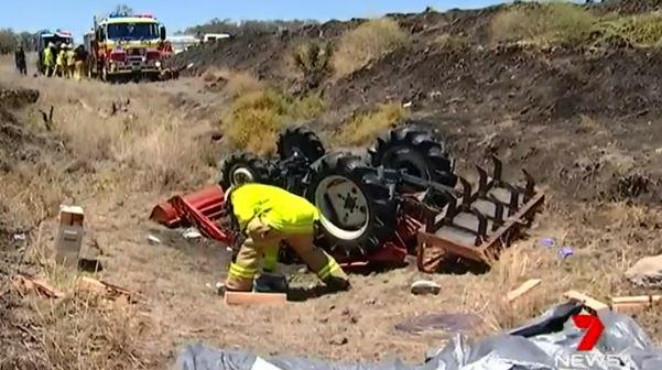 A woman, 26, was pinned under a tractor for an hour after the dam wall she drove onto collapsed at a Scrubby Mountain property.