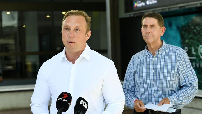 Leader of the Opposition Steven Miles and Deputy Leader of the Opposition Cameron Dick speak to the media in Townsville. Picture: Shae Beplate.