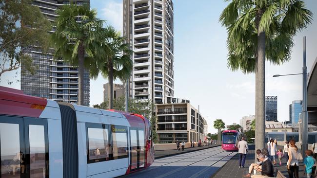 The light rail along Lennox Bridge connects North Parramatta to the CBD.