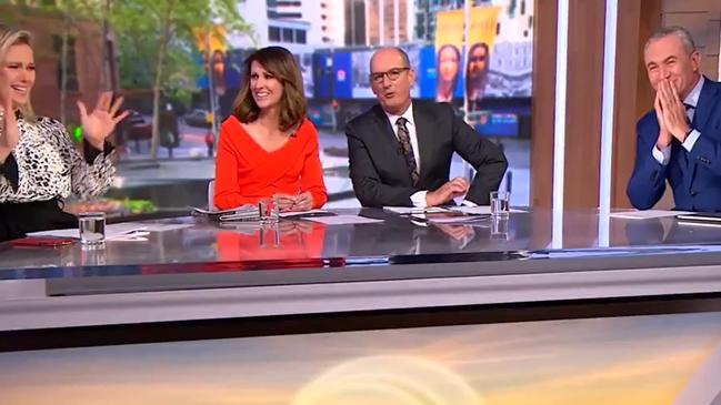 Edwina Bartholomew, Nat Barr and Kochie laugh while discussing Nicki Minaj's cousin’s swollen balls on Sunrise.