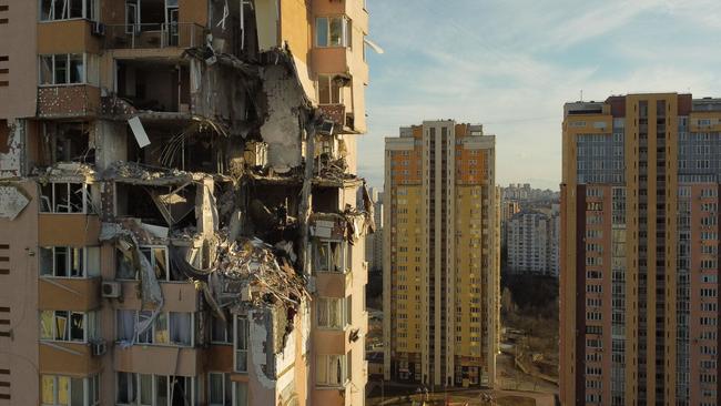 Damage to the upper floors of a building in Kyiv after it was reportedly struck by a Russian rocket. Picture: AFP