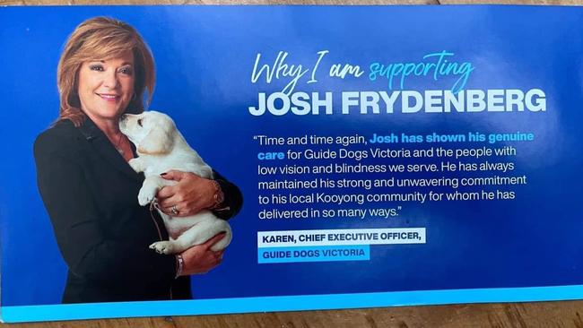 The CEO of Guide Dogs Victoria featured on a political pamphlet for Josh Frydenberg.