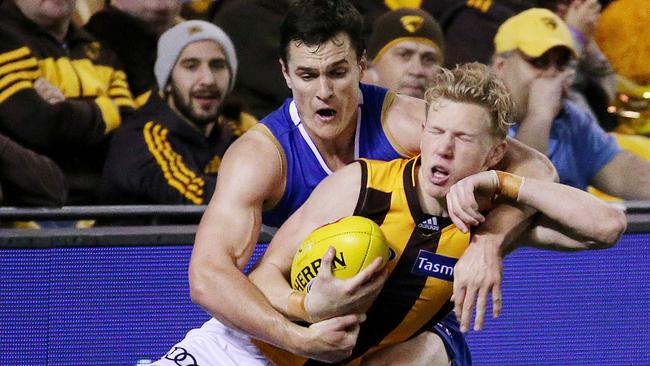 James Sicily was incensed by Selwood’s ducking free kick on Easter Monday, but Alastair Clarkson says the fiery Hawk is guilty of the same thing. Picture: Colleen Petch