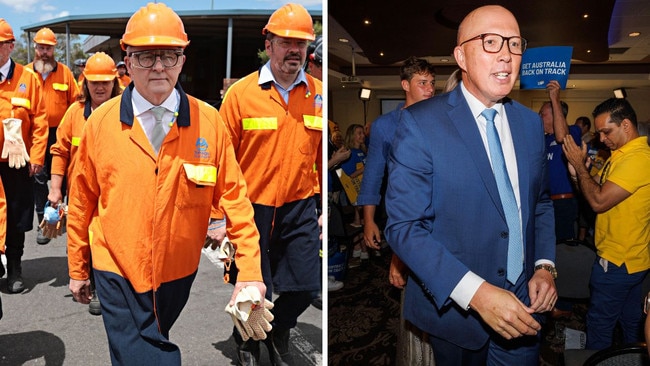 Anthony Albanese visiting Tomago Aluminium, left, and Peter Dutton at Arana Leagues Club. Picture: NewsWire/Adam Yip, Lachie Millard