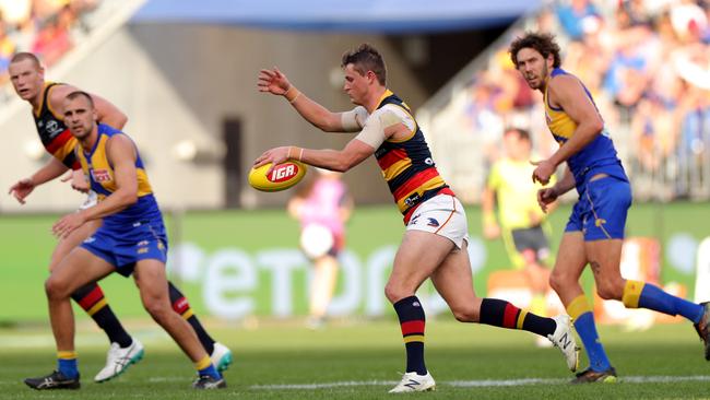 Matt Crouch had 43 touches in Adelaide’s loss to West Coast. Picture: Richard Wainwright (AAP).