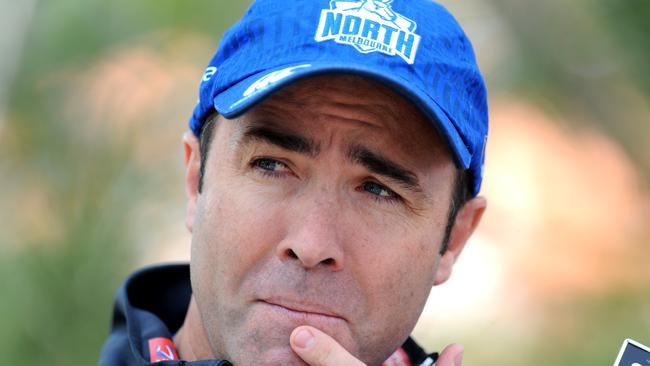 Kangaroos coach Brad Scott speaks at a press conference before the team's training session, Thursday, April 20, 2017. The Kangaroos will take on Fremantle in the round 5 of the AFL season. (AAP Image/Joe Castro) NO ARCHIVING