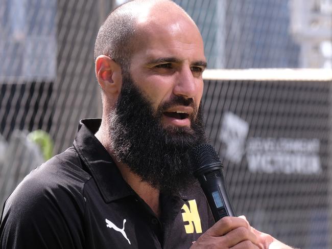 MELBOURNE AUSTRALIA - NewsWire Photos DECEMBER 14, 2021: Photo of Bachar Houli giving a speech during the announcement  of  the partnership created to address equity and gender in the construction industry and help influence social change to drive a more inclusive and diverse workforce. Picture: NCA NewsWire / Luis Enrique Ascui