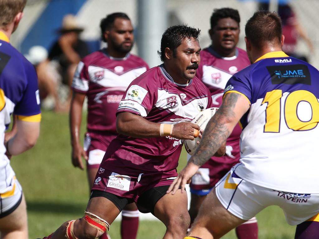 Yarrabah's Rodrick Pymcarl runs through the middle in the Cairns and District Rugby League (CDRL) match between, the Edmonton Storm and the Yarrabah Seahawks, held at Peterson Park, Edmonton. Picture: Brendan Radke