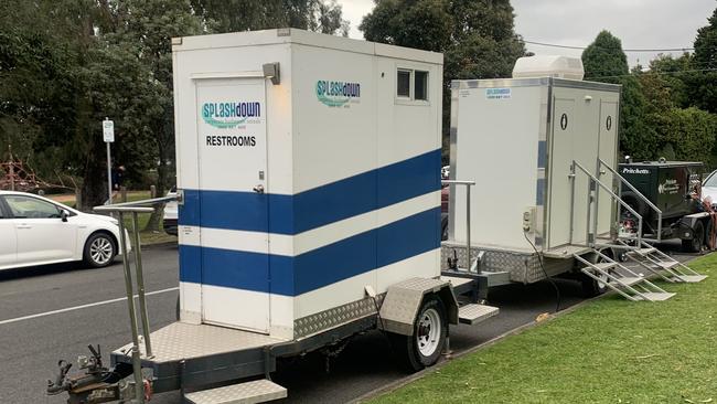 Port-a-loos lined up outside the Bachelor house in Brighton. Picture: Fiona Byrne/Supplied
