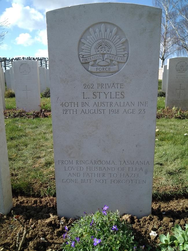 Tasmanian soldier Private Leslie Styles, grave at Heath Cemetery at Harbonnieres, France.