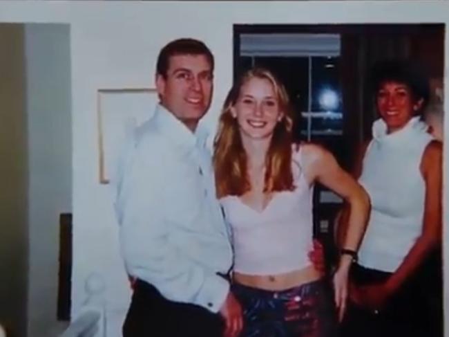 Prince Andrew, Virginia Roberts Giuffre and Ghislaine Maxwell are pictured together inside the London home of the jailed socialite. Picture: Channel 9