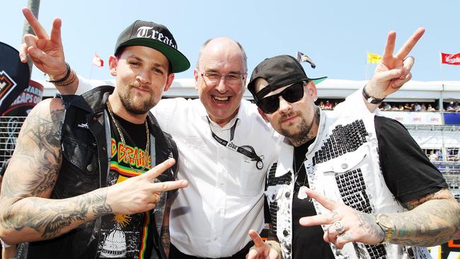 Tony Cochrane with Good Charlotte frontmen Joel Madden and Benji Madden at the Gold Coast 600.