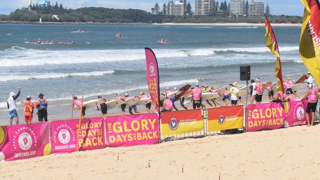 Crowds, tents and cabanas lined Mooloolaba beach on Saturday as day two of the Senior and Masters division of the 2023 Queensland Surf Life Saving Championships began. Photo: Elizabeth Neil