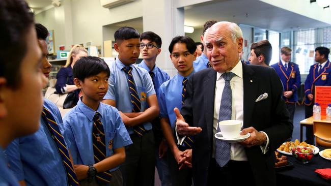 Former PM John Howard visits his old high school Canterbury Boys’ High, where a new hall will be named after him. Picture: Toby Zerna