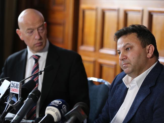 Eddie Hayson with his public relations advisor Max Markson at their September press conference to address NRL match-fixing allegations. Picture: John Grainger