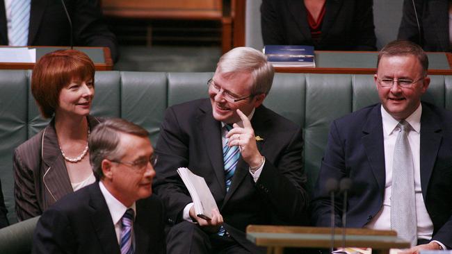 Julia Gillard, Kevin Rudd and Anthony Albanese watch former treasurer Wayne Swan deliver his first budget in 2008.