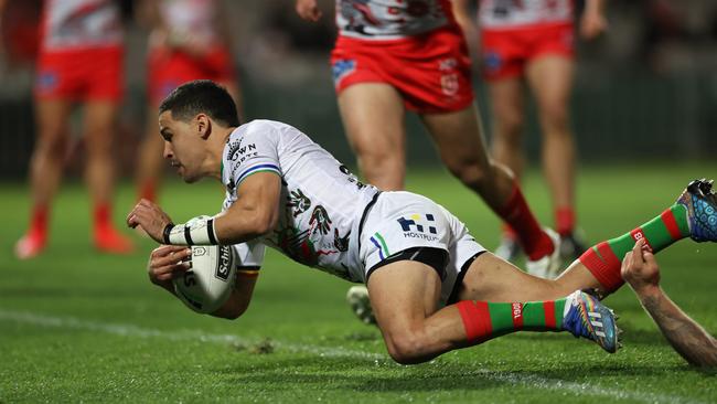 Rabbitoh Cody Walker dives over to score against St George Illawarra as the NRL’s Indigenous Round got under way at Jubilee Stadium. Picture: Phil Hillyard