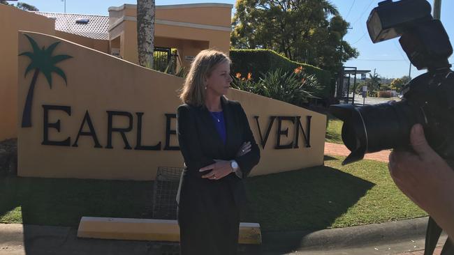 Moncrieff MP Angie Bell speaks outside the Earle Haven nursing home.