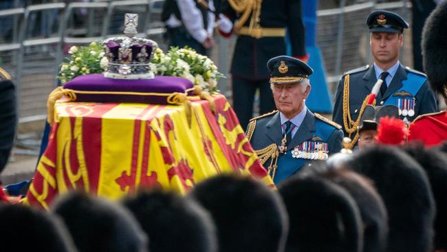 King Charles III and Prince William follow the coffin of Queen Elizabeth II during the ceremonial procession from Buckingham Palace to Westminster Hall. Picture: Aaron Chown – WPA Pool/Getty Images