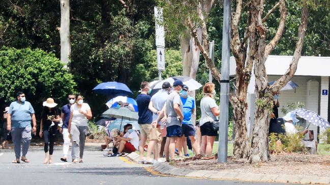 People lining up outside the Albert Waterways Community Centre clinic. Picture: Scott Powick