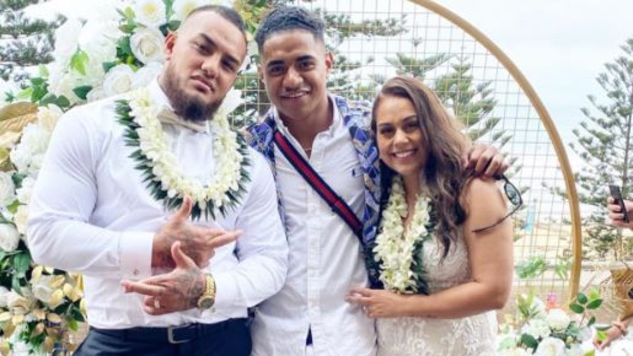 Fainu’s former Manly Sea Eagles teammate Addin Fonua-Blake paid tribute during his own try celebration on Friday. Fonua-Blake’s partner (above, together) also shared a gushing tribute to the convicted criminal. Picture: Instagram