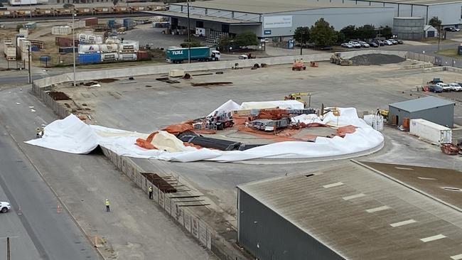 The 42-metre tall "Domesilo" cement storage dome has exploded at Hallett’s Green Cement Distribution Hub. Picture: supplied