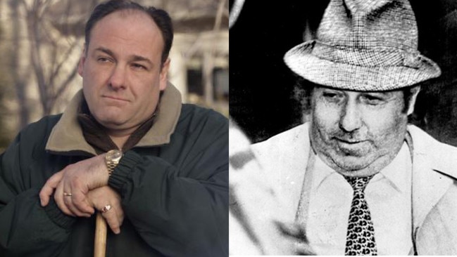 James Gandolfini in a scene from The Sopranos and real life mafia’s ‘Mr Fix It’ Robert Trimbole (right) in 1984.