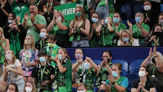 PERTH, AUSTRALIA - APRIL 17: Fever supporters celebrate their team’s win. (Photo by Will Russell/Getty Images)