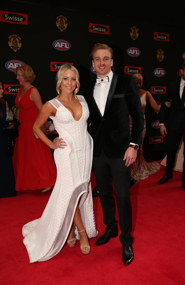 Dennis Armfield of Carlton and partner Abby Meates arrive on the red carpet for the 2015 AFL Brownlow Medal presentation held at Crown Casino on Monday, September 28, 2015, in Melbourne, Victoria, Australia. Picture: Tim Carrafa