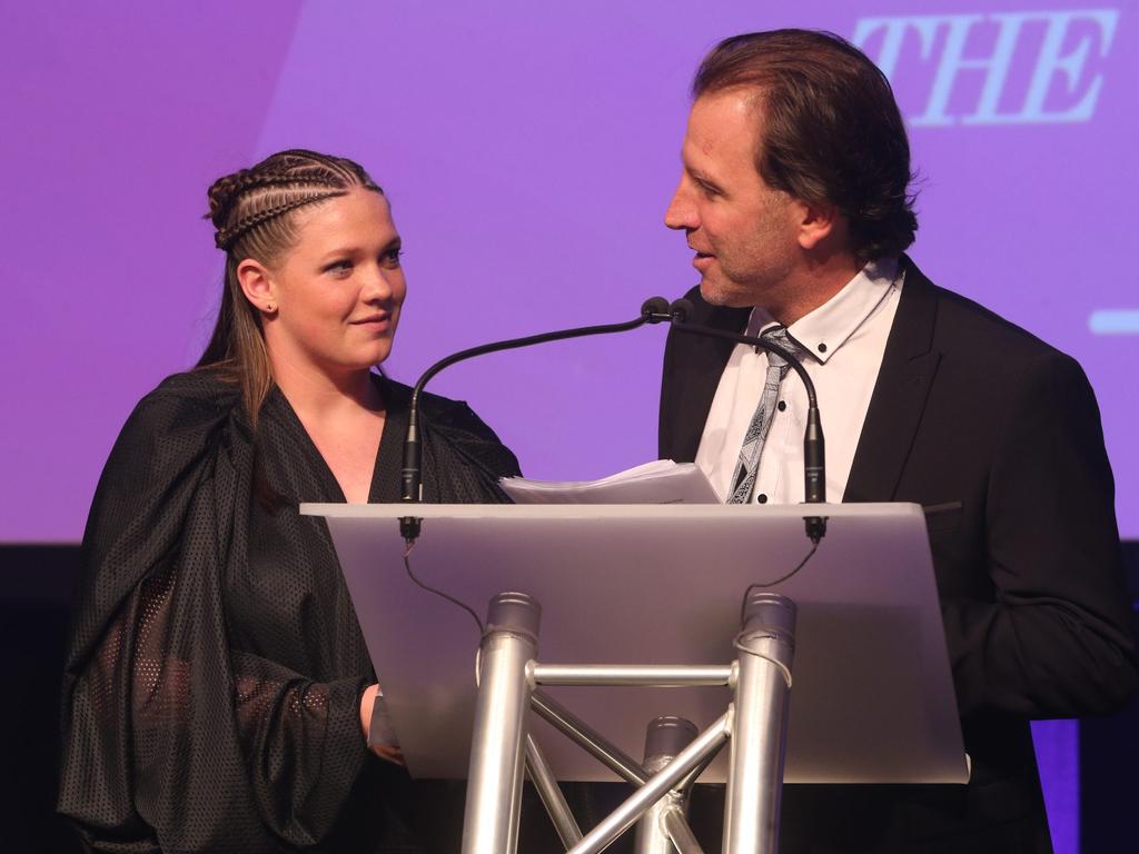 Harvey Norman ambassador and aspiring Paralympics swimmer Montana Atkinson with Bulletin editor Ryan Keen at the Gold Coast Bulletin Women of the Year awards by Harvey Norman at Star Gold Coast. Picture: Richard Gosling