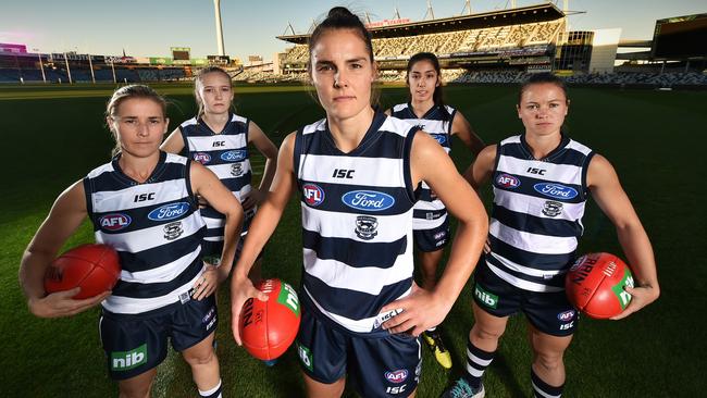 Geelong's Shannon Knox, Tayla Gordon, Maddie Boyd, Michelle Fedele and Krista Woodroffe. Picture: NIGEL HALLETT